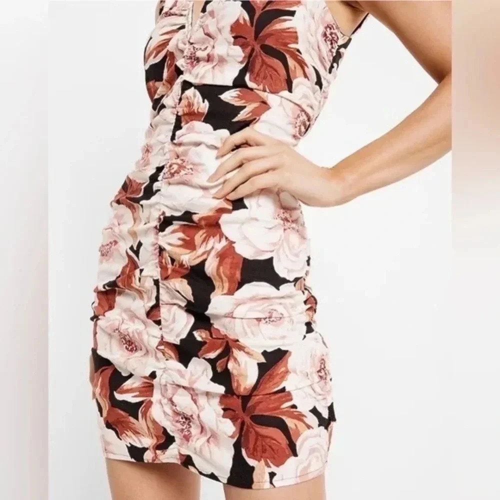 Express Floral Print Linen-Blend V-Bar Ruched Mini Dress Size XS NWT
